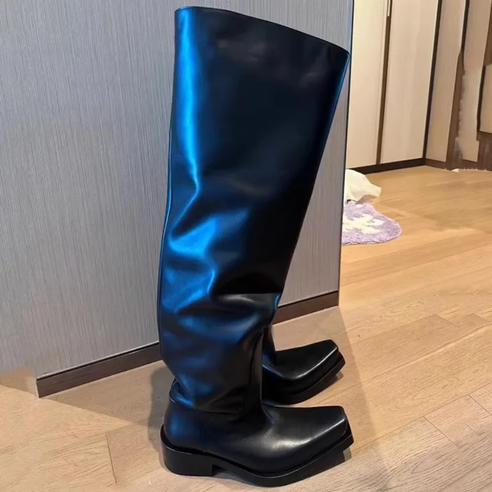 黒の乗馬ブーツ レディース メンズ スクエアトゥ チャンキー プラットフォーム オーバーニーハイブーツ プリーツ ルーズ チューブ ロングブーツ スリッポン