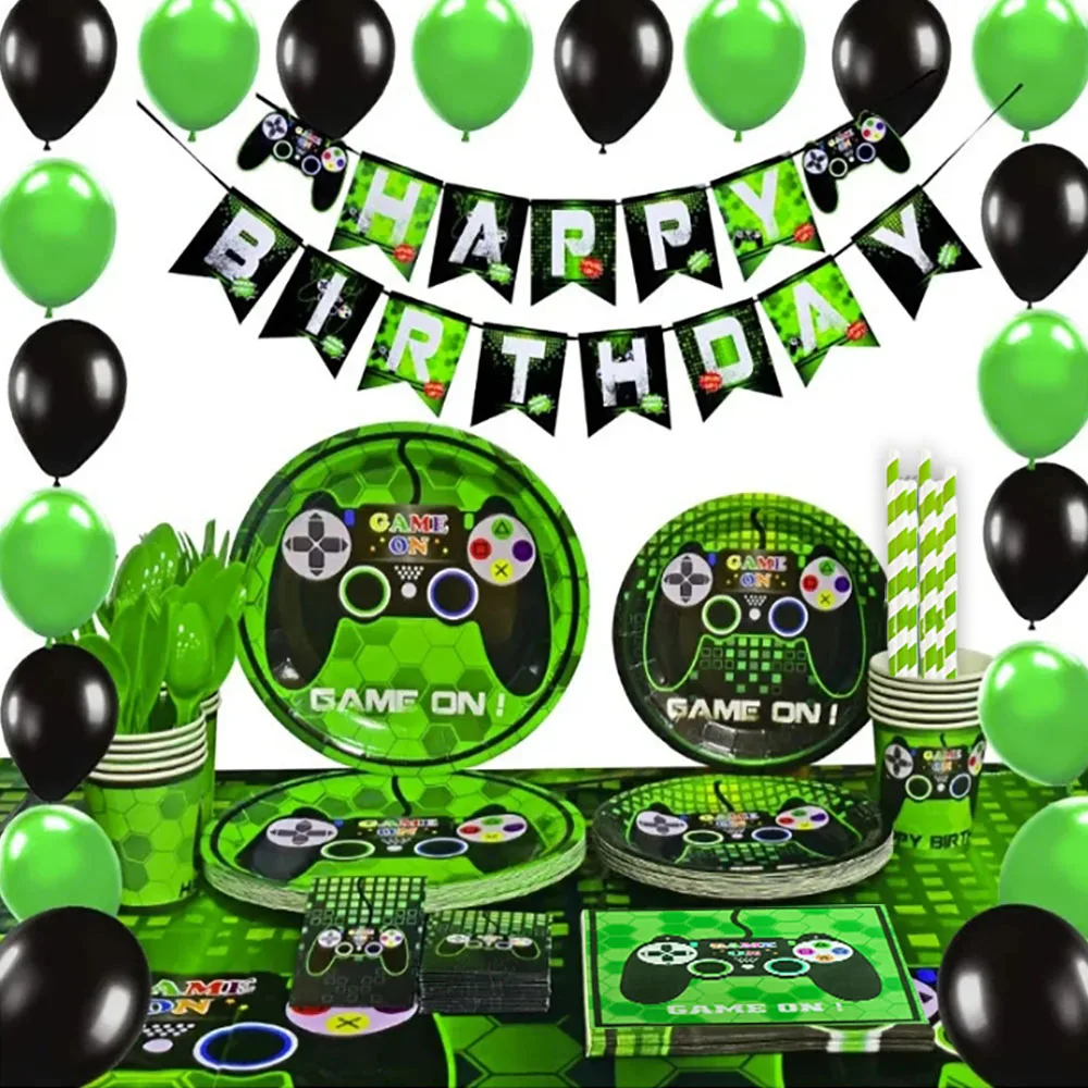 Green Video Game Birthday Party Decor Plate Gift Bag Tablecloth Gamepad Balloon Boy Game Controller them Party Supplies