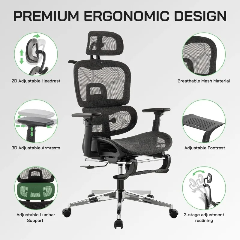 Sedia da ufficio ergonomica in rete, sedia da gioco in rete con schienale alto con supporto lombare, poggiatesta e braccioli regolabili per Home Office Des