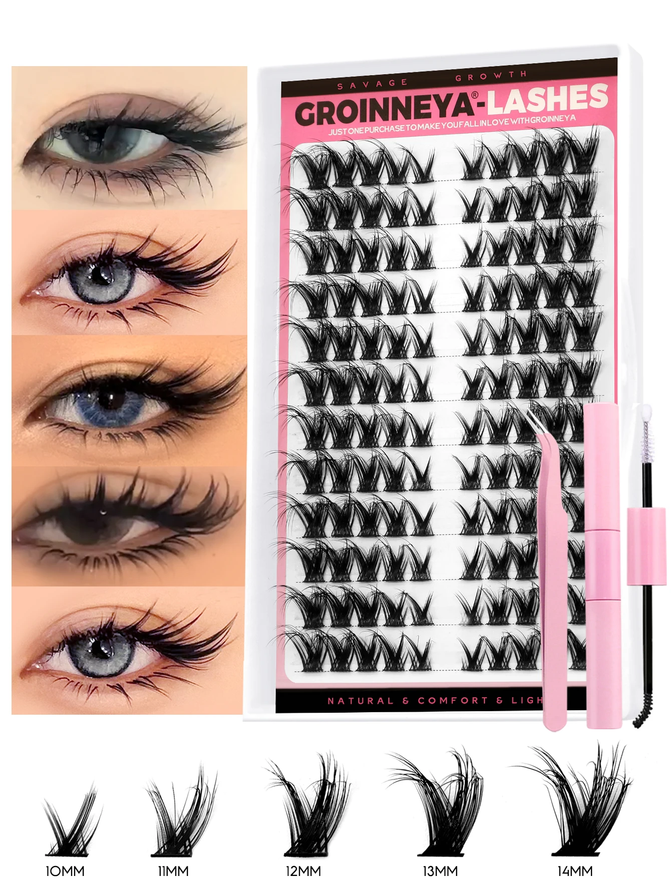 GROINNEYA Cat Eyelashes Clusters Kit Winged End Eye Elongated DIY Lash Extension Kit Lash Bond & Seal & Eyelash Tweezers Fox Eye