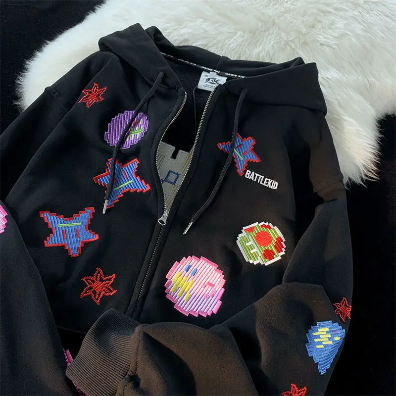 WARM Sweatshirt Women Zip Up Oversized Retro Streetwear pixel pattern Printing Hoodies Punk Hooded Jackets Embroidery Y2k