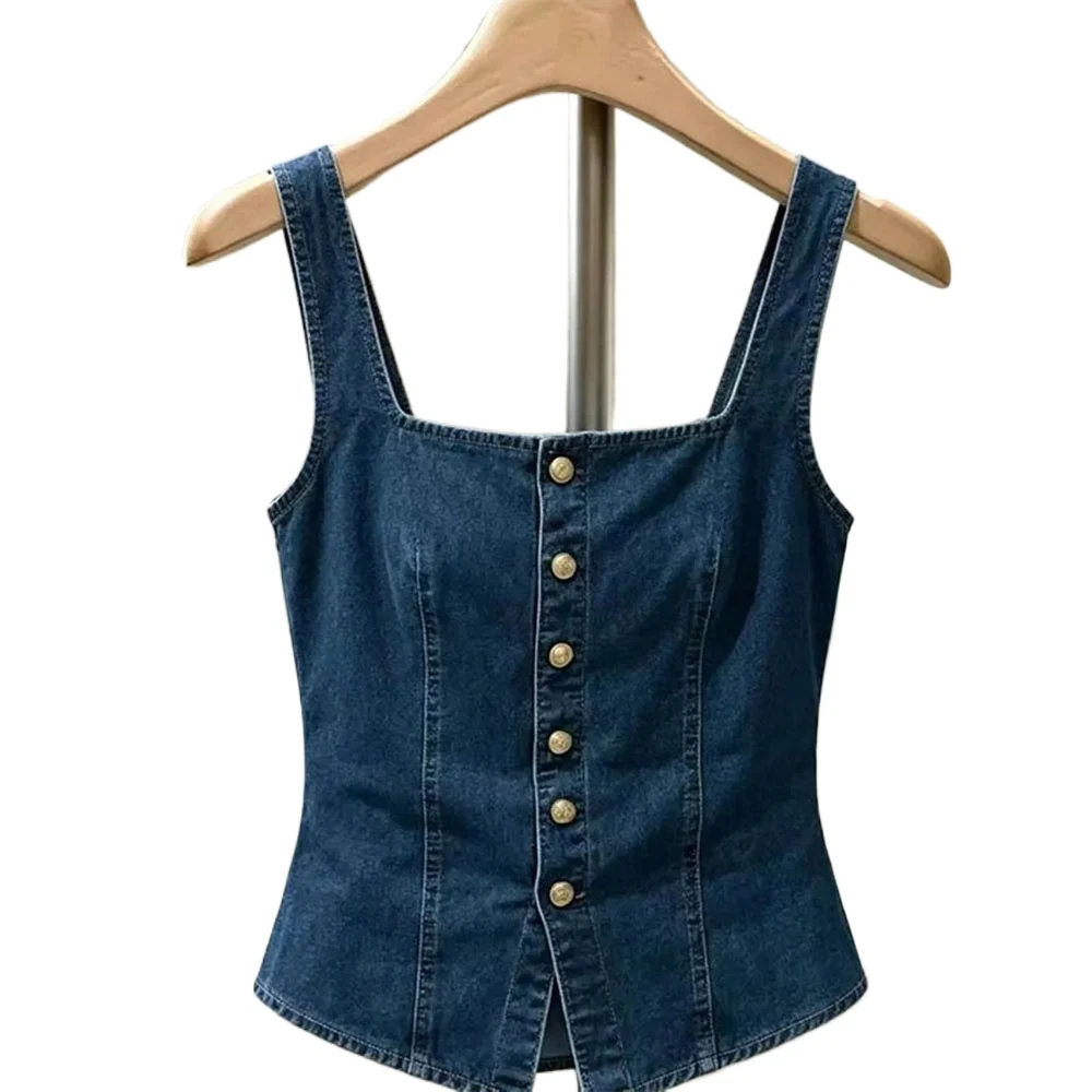 Retro Denim Square Neck Camisole Cowboy Vest Women's Vest 2026 Summer New Item Beautiful Slim Short Top for External Wear