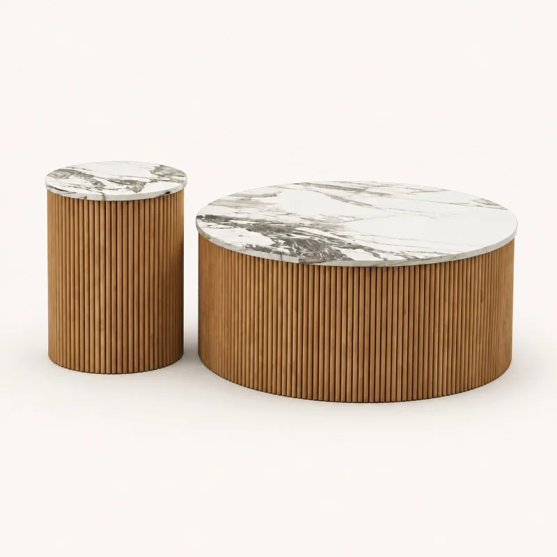Round Nesting Coffee Table Set Fluted Solid Wood with Calacatta Faux Marble Top for Living Room