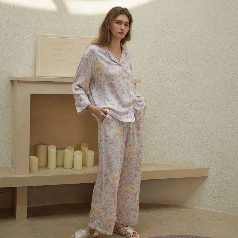 Print Satin Pajamas for Women Lapels Light Luxury Short Sleeve Trousers Pajama Set Viscose 2 Piece Loungewear Women Sleepwear