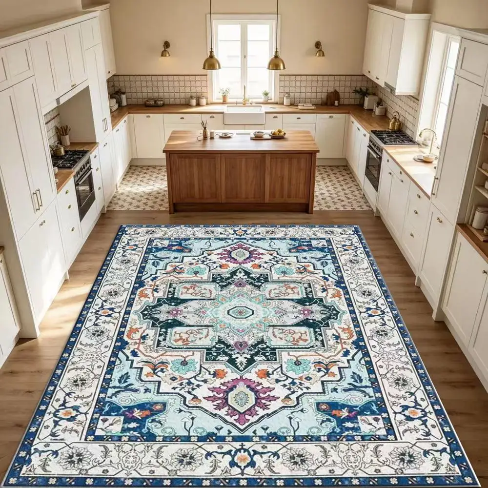 Persian Sky Blue Carpet, Soft and Comfortable, Suitable for All Seasons, Easy to Maintain, Machine Washable, Indoor Rug, Suitable for Living Room, Bedroom, Dining Room, Hallway, Office, Terrace, Home and Outdoor Decoration