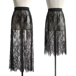 Ladies Elastic High Waist Elegant Black White Lace Tulle Skirt 2 Length Options Transparent Long Midi Beach Skirt for Summer