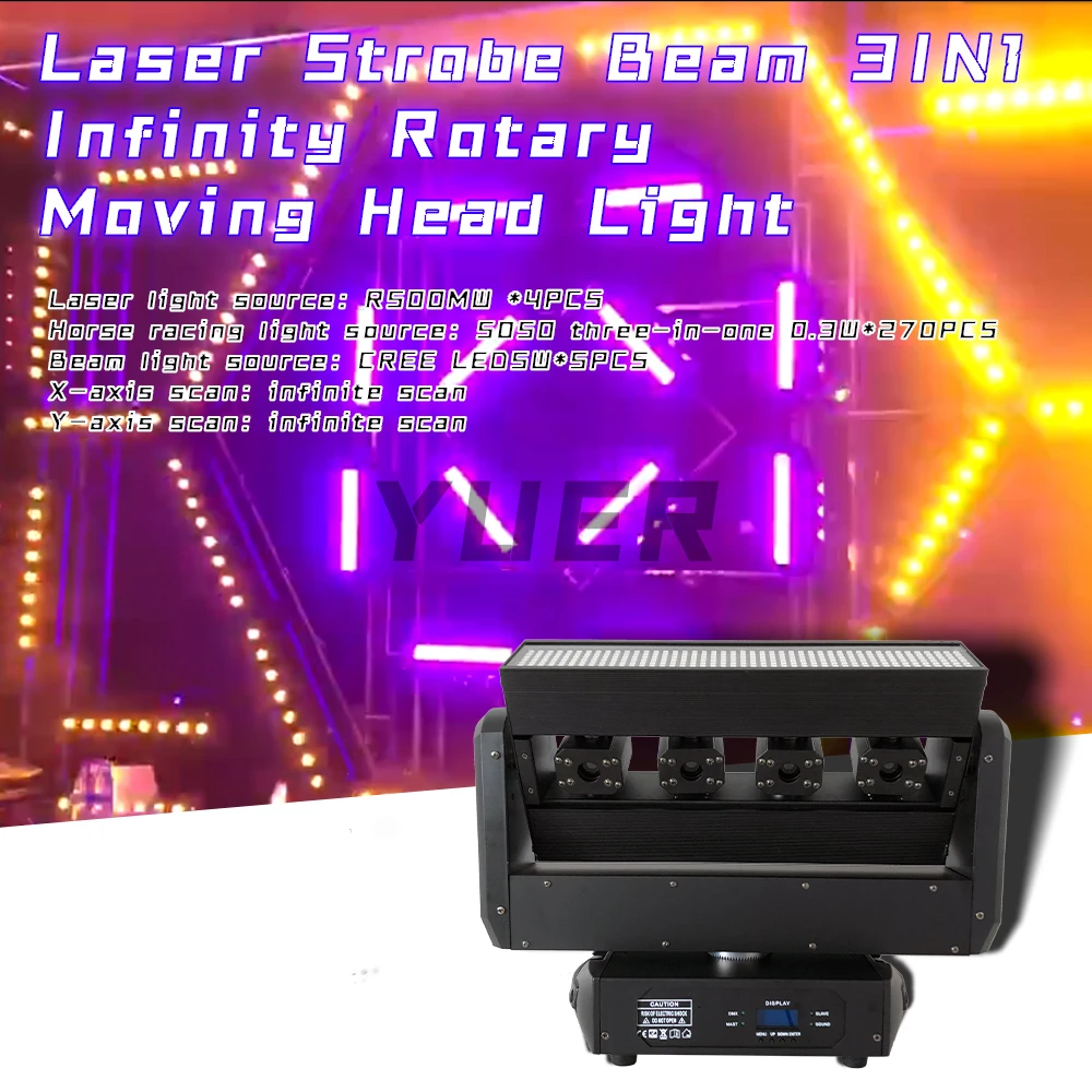 Professional DJ Disco Stage Light LED Beam Laser Strobe 3IN1 X/Y Infinite Rotation Moving Head Light DMX Party Laser Projector