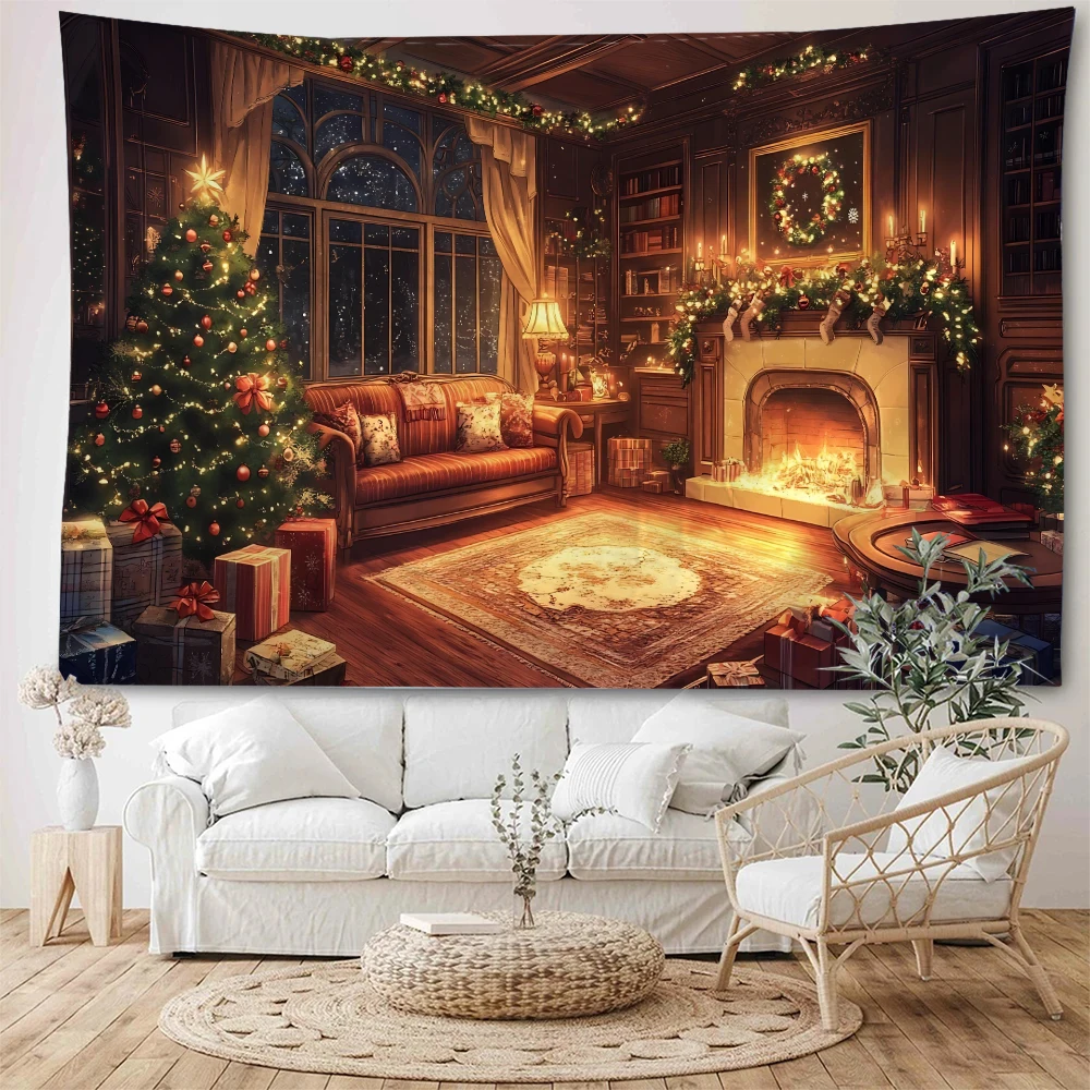 

Christmas fireplace, Christmas lights, flower garlands, home decoration, background decoration, tapestries