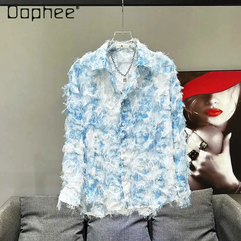 

Street Fashion Fringed Shirts Men and Women Tie Dye Loose Long Sleeve Lapel Single-breasted Casual Blouse Designer Spring Autumn