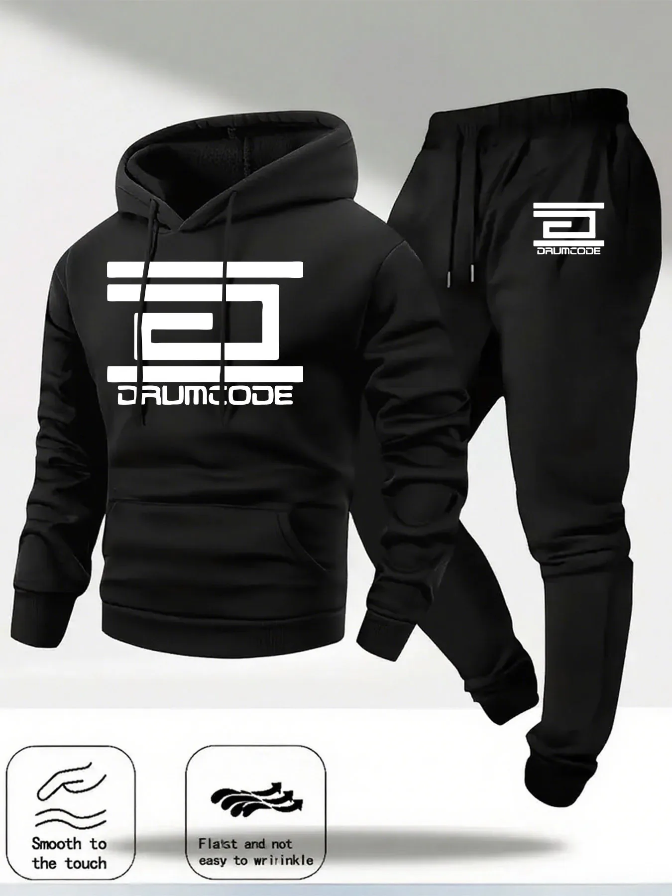 2026 new men's Drumcode letter-printed hooded sweatshirt set, suitable for autumn and winter casual street wear