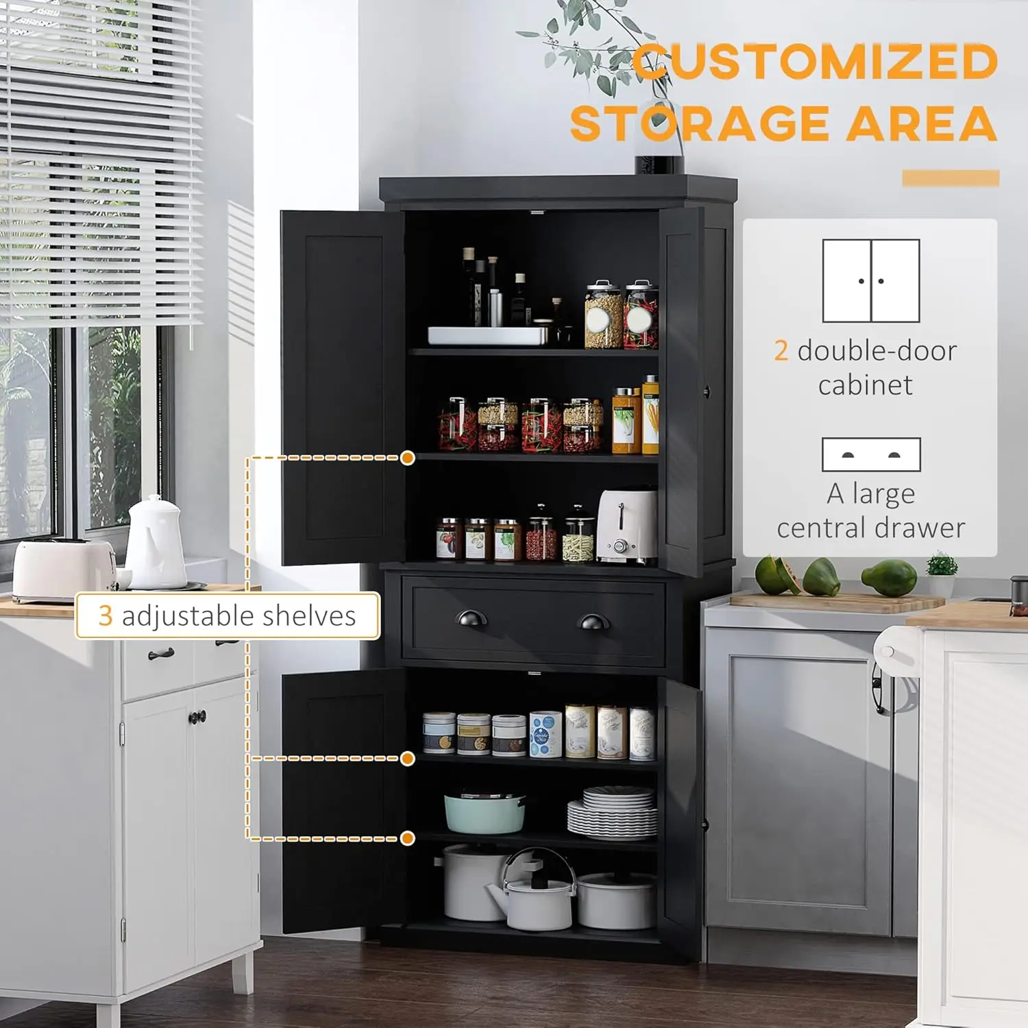 72" Kitchen Pantry Cabinet, Traditional Freestanding Storage Cabinet with 4 Doors, Drawer