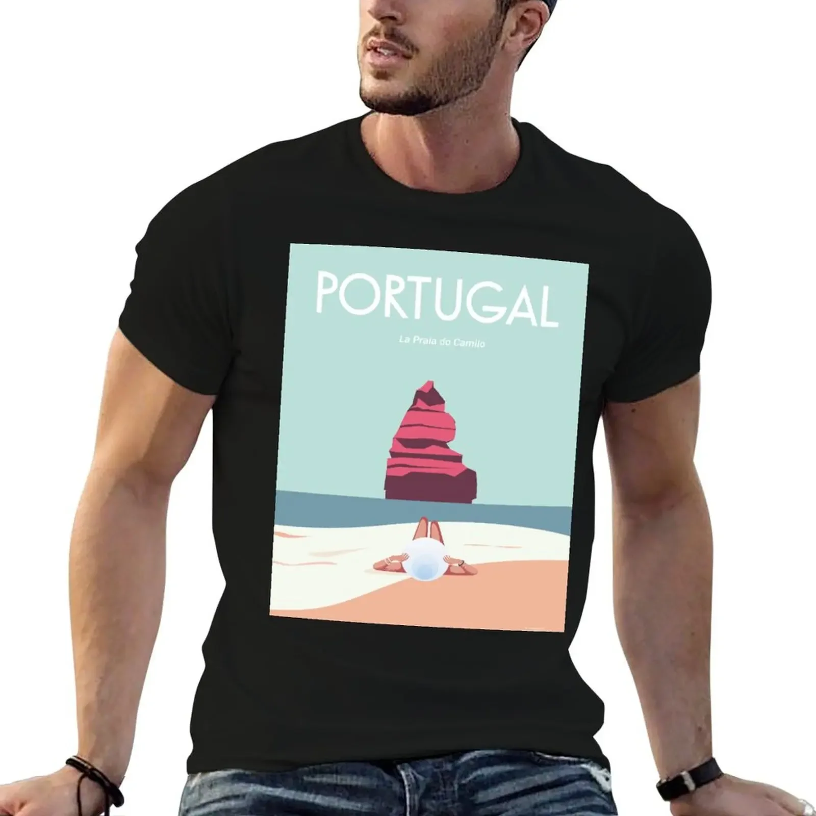 Portugal travel poster illustration wall art decoration T-Shirt summer tops cotton graphic tees black t-shirts for men