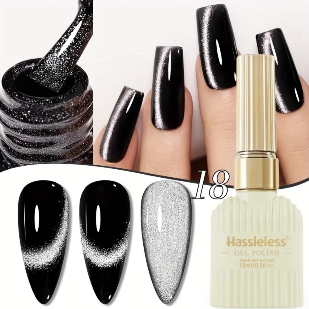 Müheloser 15ml Schwarz-Silber Cat-Eye Gel-Nagellack, abziehbarer UV-LED-Magnetgel-Glanz-Nagellack für Salon, Zuhause und DIY, cool und stylisch – Detail 3