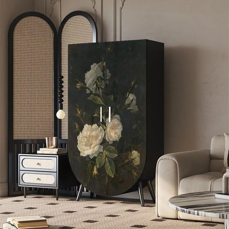 

French Retro Floral Wardrobe for Bedroom Living Room Entryway Wall-Mounted Storage Cabinet Solid Wood Finished Wardrobe