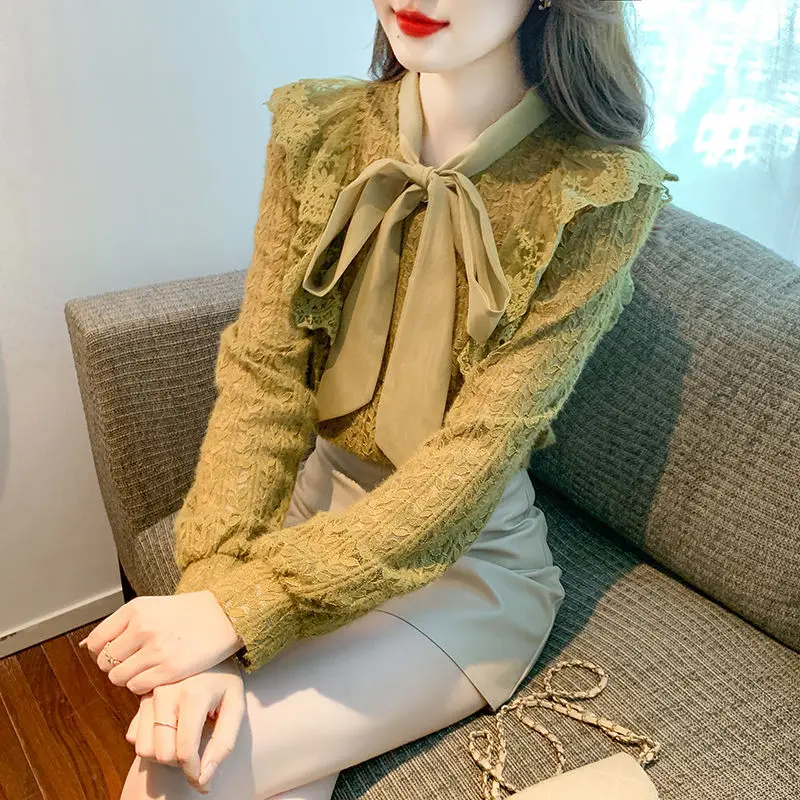 Autumn Winter New Female Scarf Collar Lace Shirt Solid Color Women\'s Clothing Fashion Casual Long Sleeve Ruffles Spliced Blouse