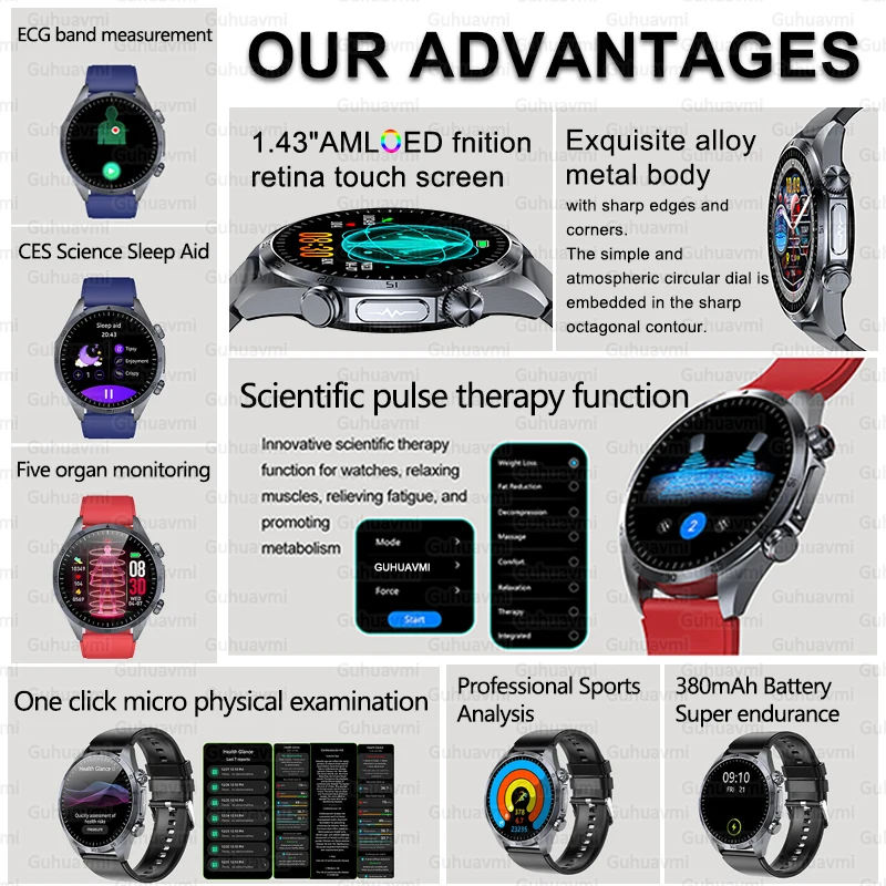 Orologio intelligente per terapia di impulsi professionale ECG + PPG Micro esame fisico Uomo CES Aiuto per il sonno Grasso nel sangue Orologi per la salute dell'acido urico