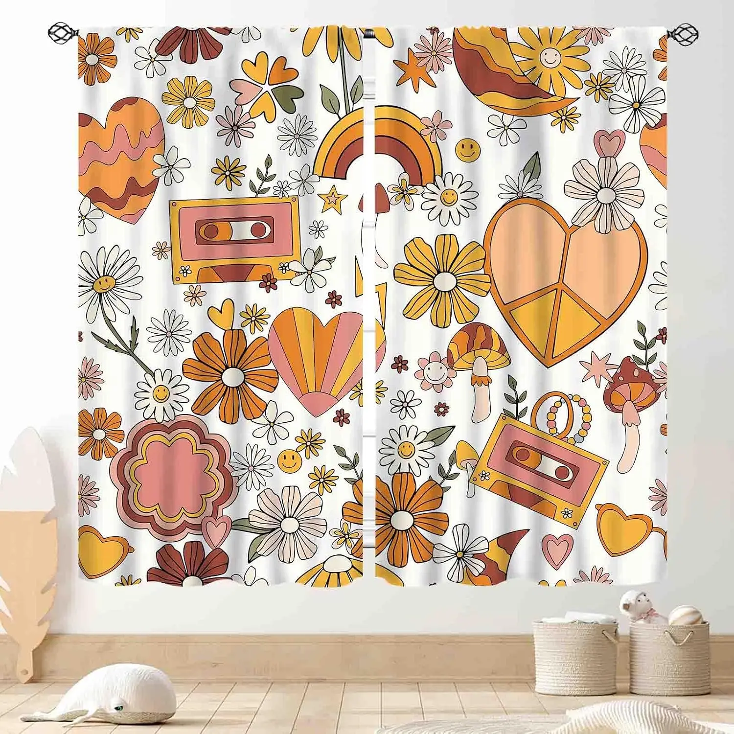 Groovy Retro Floral Heart Window Curtains 2 Panels, Vintage Cassette Rainbow Mushroom Seamless Print Soft Home Decor Curtain