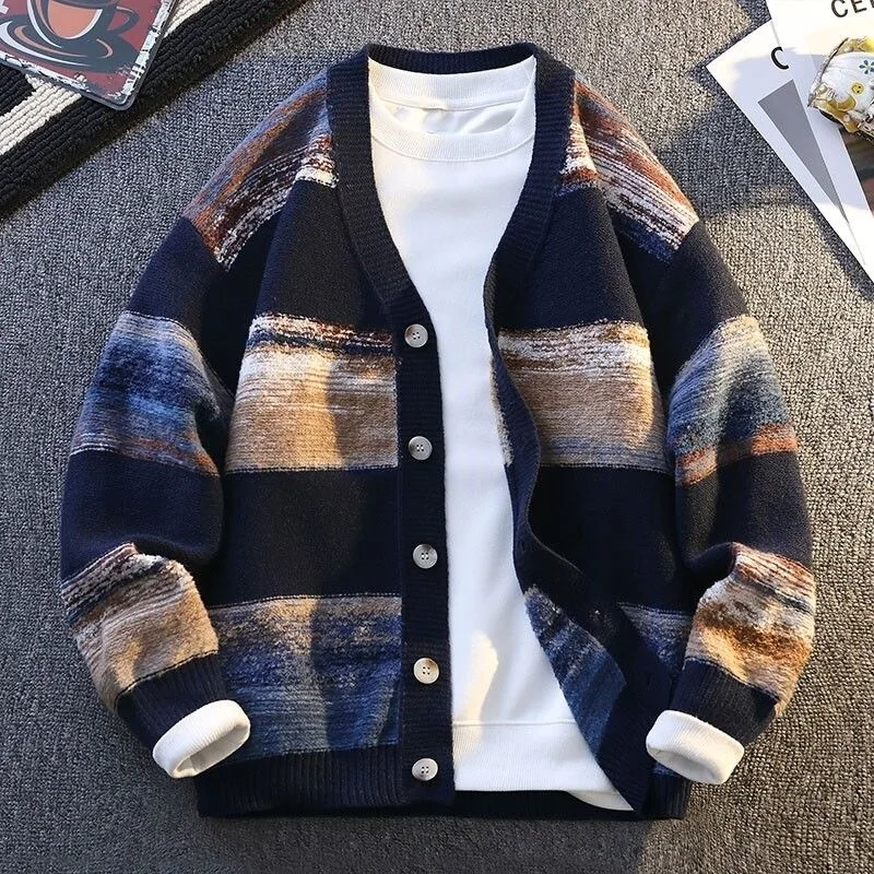 

Luxury Knitted Cardigan Men High Quality V-neck Long Sleeve Knitwear Autumn Winter Fashion Handsome Color Blocked Knit Top