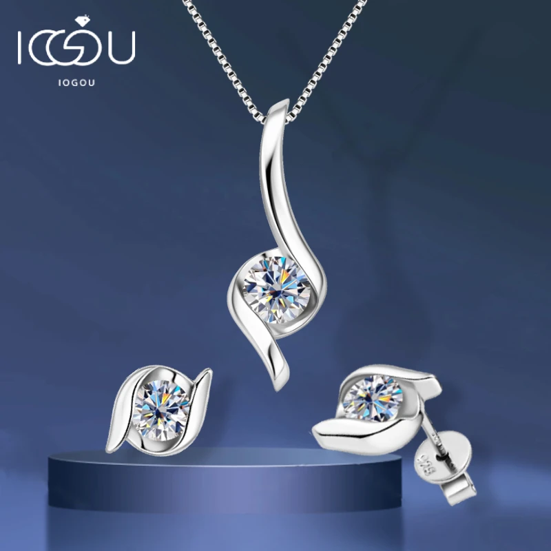 IOGOU Certified 2cctw D Color Moissanite Jewelry Sets S925 Sterling Silver Pendant Neclace Stud Earrings for Women Birthday Gift