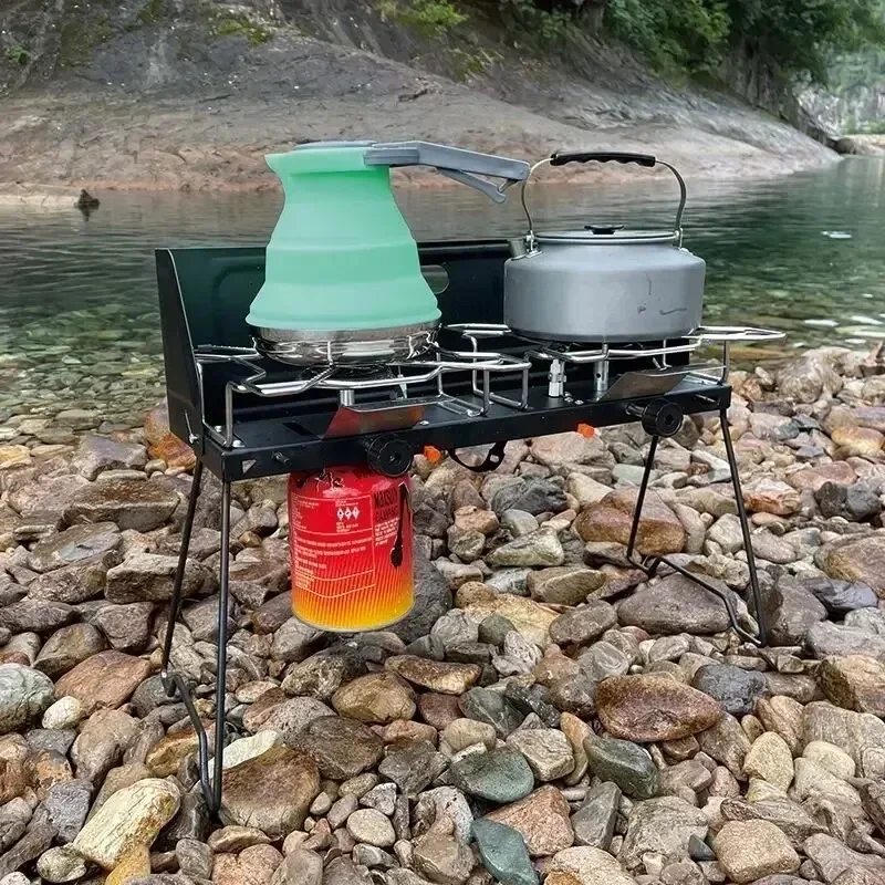 Camping Outdoor Double-head Furnace Windproof Portable Folding Butane Barbecue Fierce Mini Stove