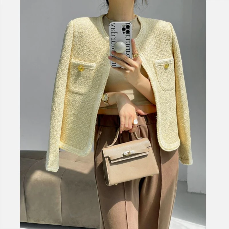 Chaqueta corta de Tweed a cuadros para mujer, abrigo elegante de manga larga con temperamento, moda urbana, Primavera, 2023