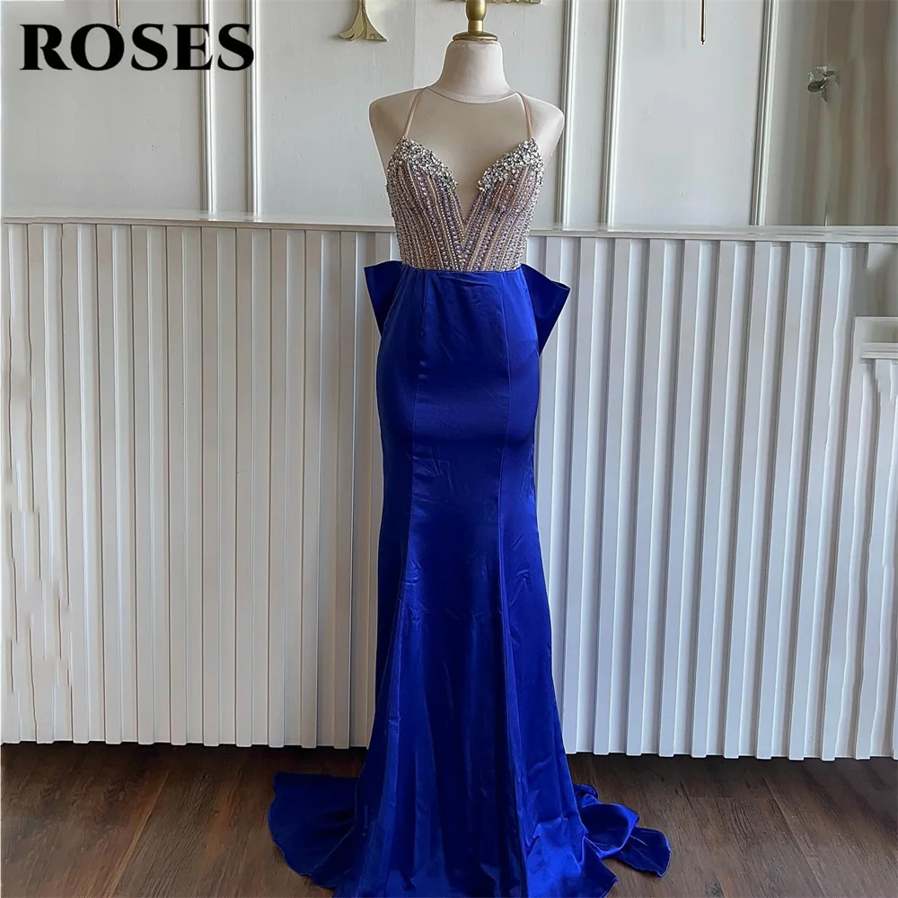 

ROSES Royal Blue Party Dress Spaghetti Strap Evening Dresses Crystal Studs Party Gown Open Back Prom Gown for Women Customized