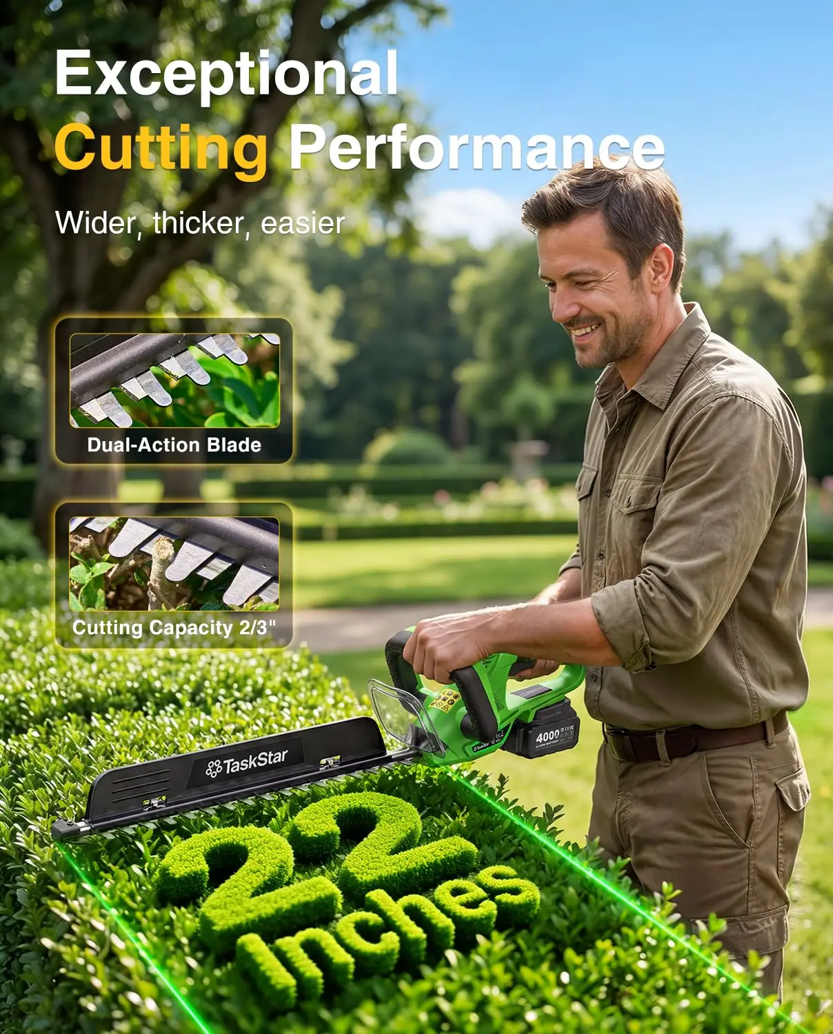 TaskStar 22" Electric Hedge Trimmer with 180° Rotatable Handle & Debris Remover & 550mm SK5 Dual Edge Blade 20V Cordless Hedge Clippers for Shrub Trimming with 2 4.0Ah Batteries - view 6