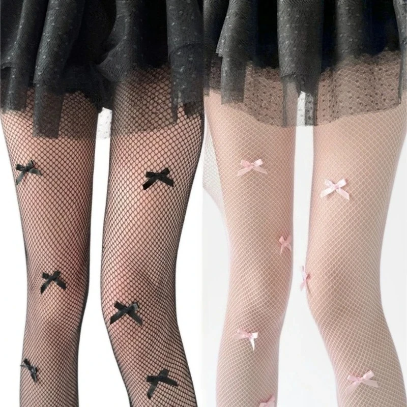 Kawaii Gothic Hollow Out Strumpfhose Lolita Schleifenknoten Netzstrümpfe Damen Spicy Girl Schwarz Sexy Dünn Ins Trend Spitzenstrumpfhose 1/2 Stk.