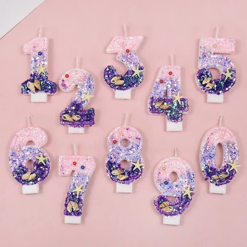 Ocean Theme Gradient Purple Birthday Candle Seafish Conch Decoration Festival Cake Candles Wedding Happy Birthday Party Supplies