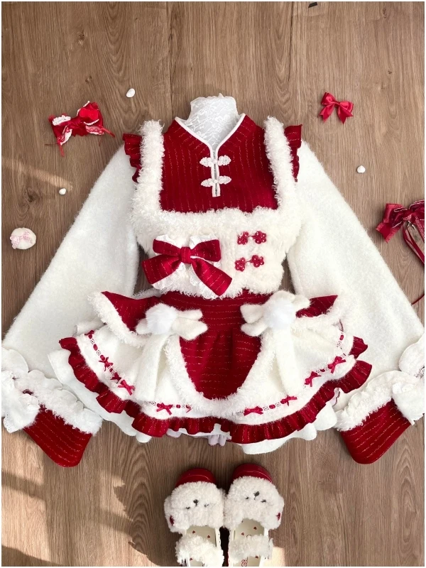 الشتاء احتفالي الحلو فتاة Cisas السنة الجديدة المخملية درع منتفخ تنورة المرأة Faion مجموعة المحملة قطعة زر متابعة طويلة Sve #1