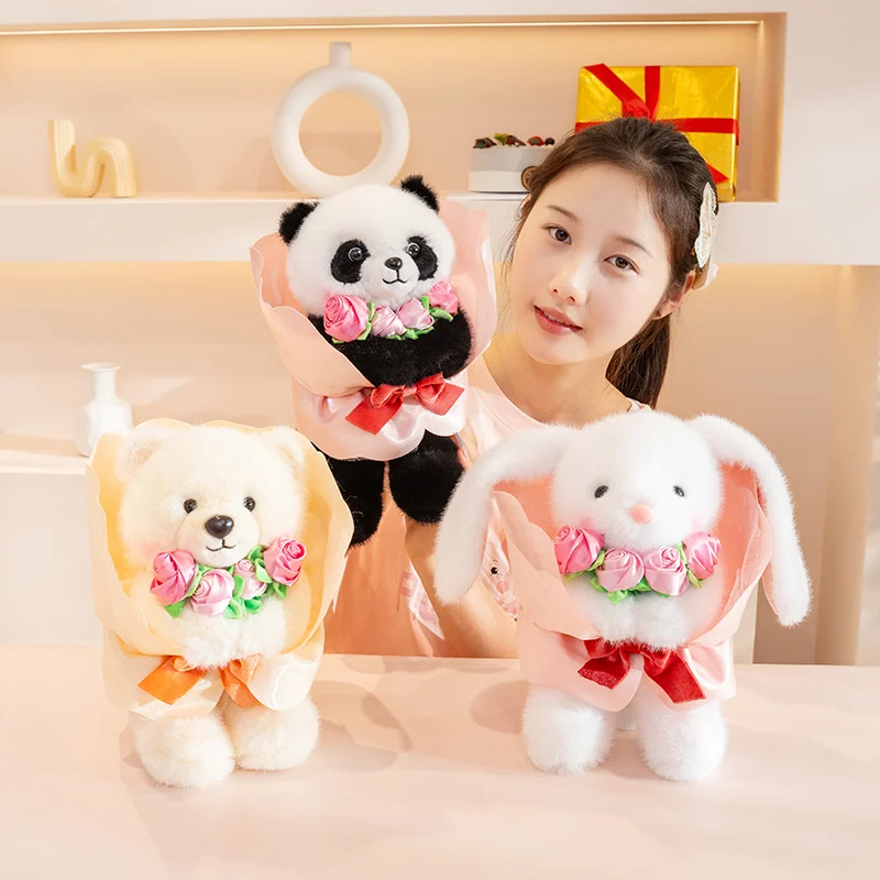 

3 Styles Lovely Cartoon Animal Holding Rose Bouquet Plush Toys Soft Fluffy Panda Bear Doll Kawaii Wedding Party Decor Sweet Gift