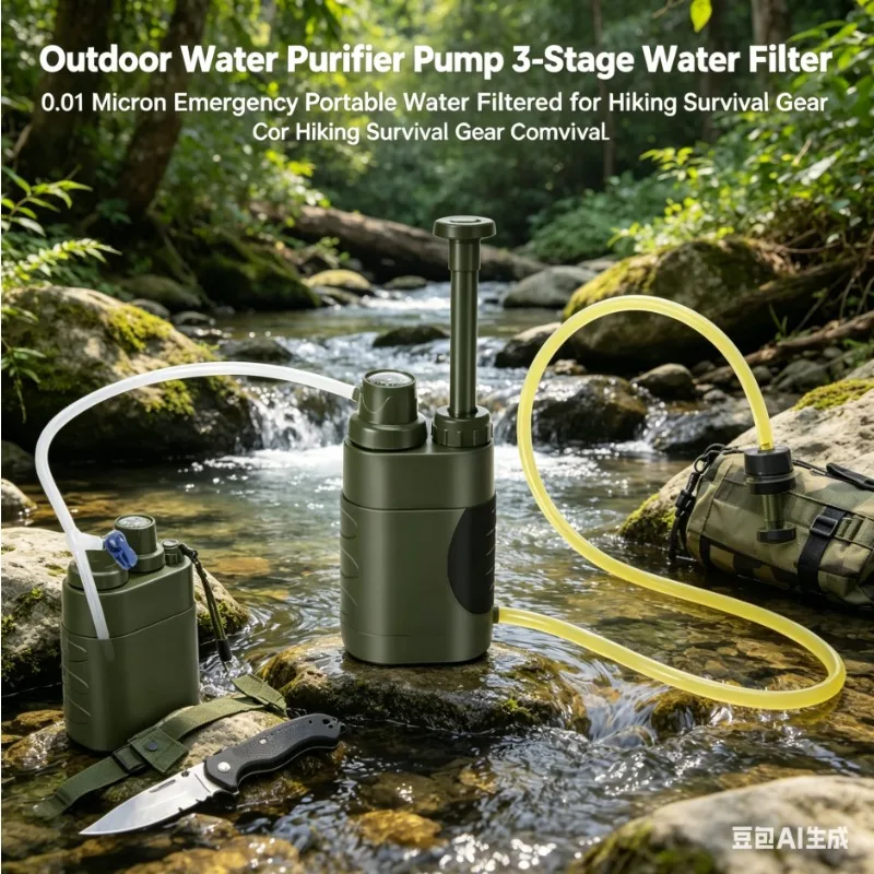 Bomba de Filtro de Agua Portátil, Purificador de 3 Etapas, 0.01 Micras, Equipo de Supervivencia para Acampar y Hacer Senderismo