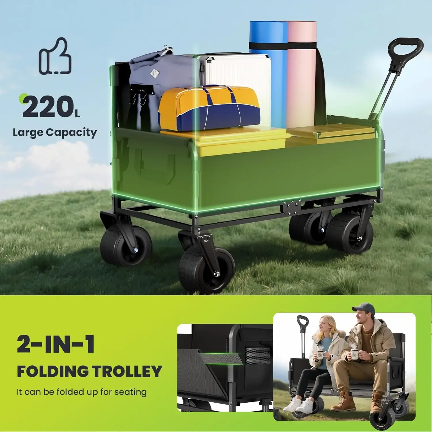 Wózek-krzesło 2 w 1 - Plażowy wózek na kółkach z siedziskiem o udźwigu 240 kg, składane wózki i karetki na kemping, na zewnątrz