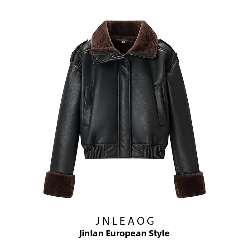 Fashionable All-Match Leather Coat JNLEAOG Women's Spring New Style Integrated Fur Design Standard Edition Polyester Fiber
