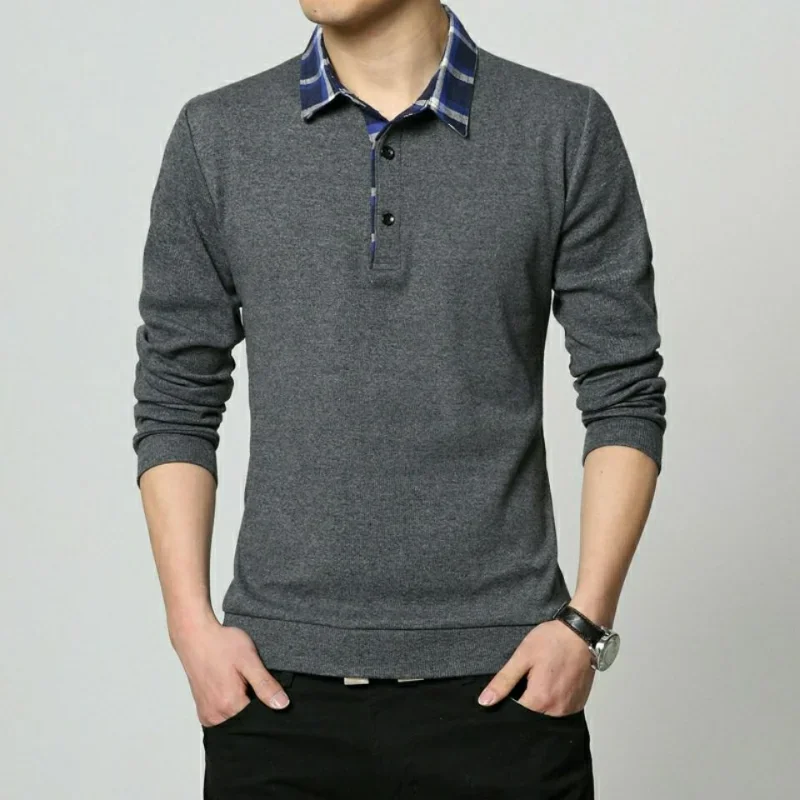 Spring Korean Casual Long Sleeve Polo Shirt Men's Lapel Print Button Patchwork Screw Thread Loose Cotton Tops JJ259