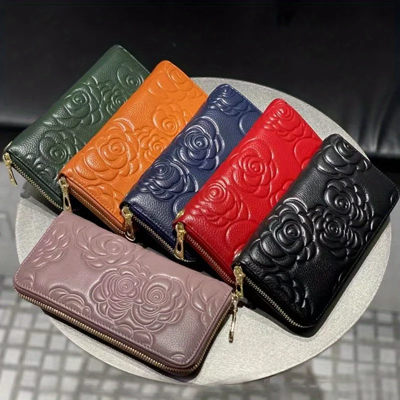 Chic Retro Flower Embossed Long Wallet - Quilted Clutch Purse with Secure Zipper, Detachable Wristlet for Coins &  - Solid Color