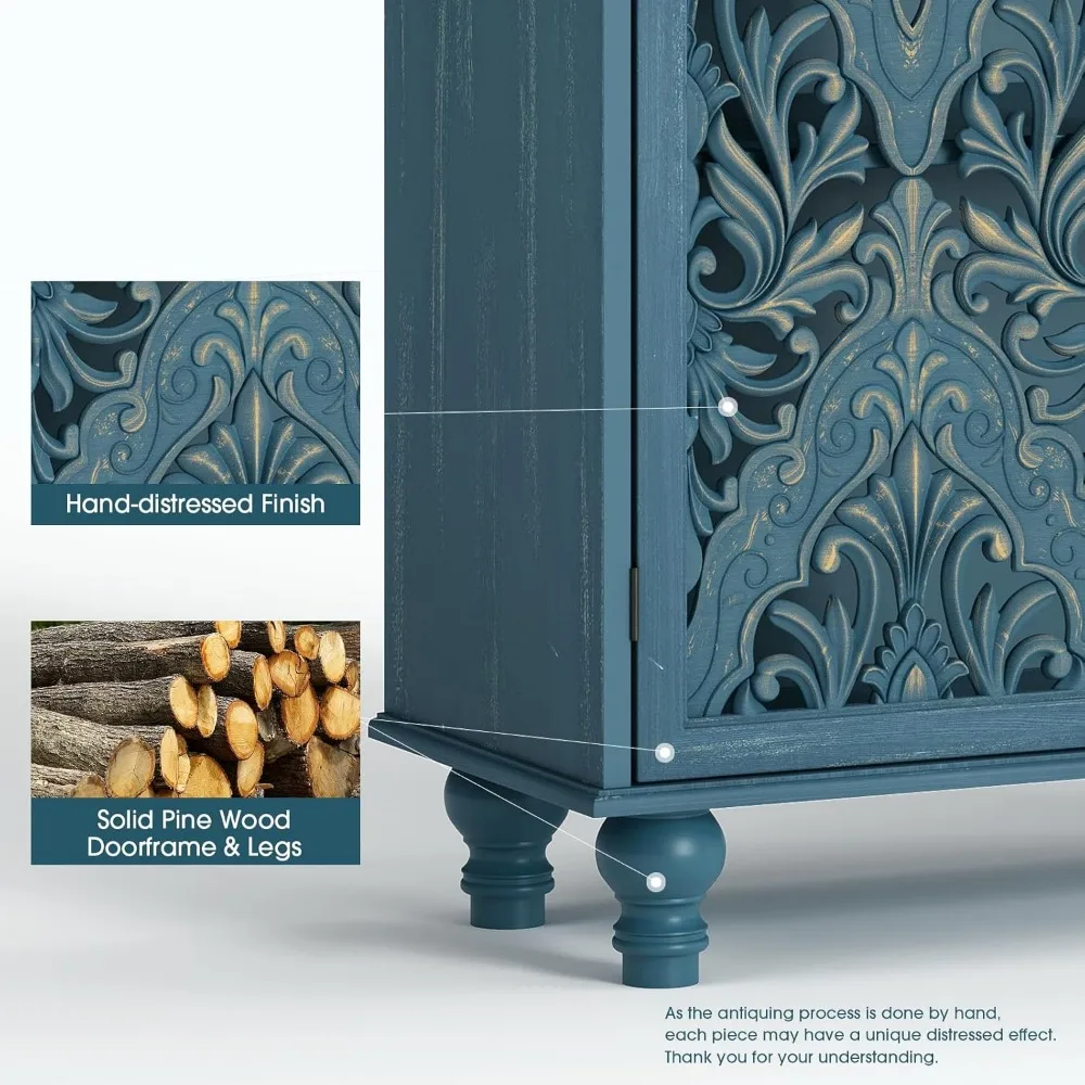 خزانة ذات أرجل من الخشب الصلب مقاس 47 بوصة باللون الأزرق مع أبواب لتخزين المعيشة والدخول والطعام وغرفة النوم