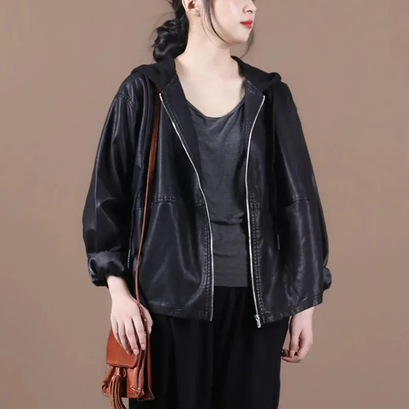 2024 Fall European Designer Womens Black Hooded Faux Leather Jackets Ladies Classic Leisure Pu Biker Coat Loose Vintage Clothing