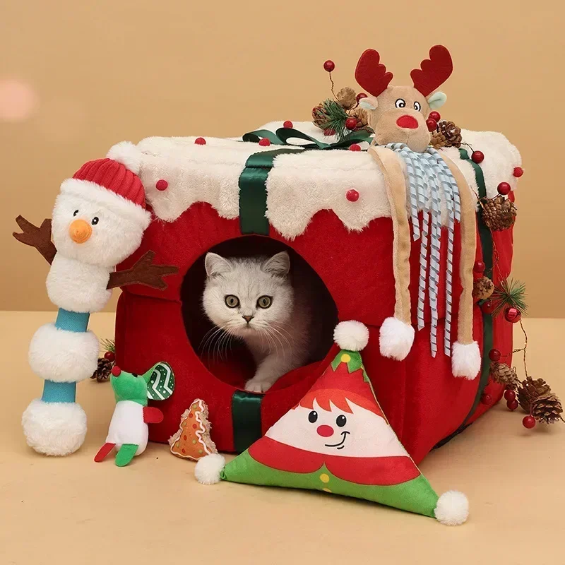 Christmas Gift Box Cat Litter Pet Litter Fully Enclosed Small Dog Kennel Dog Mat Kitten Puppy Pet Bed