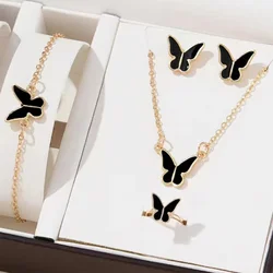 5PCS Necklace Earrings Ring Bracelet Sets for Women Jewelry Set Butterfly Pendants Bridal Wedding Party Jewelry Gift (No Box)