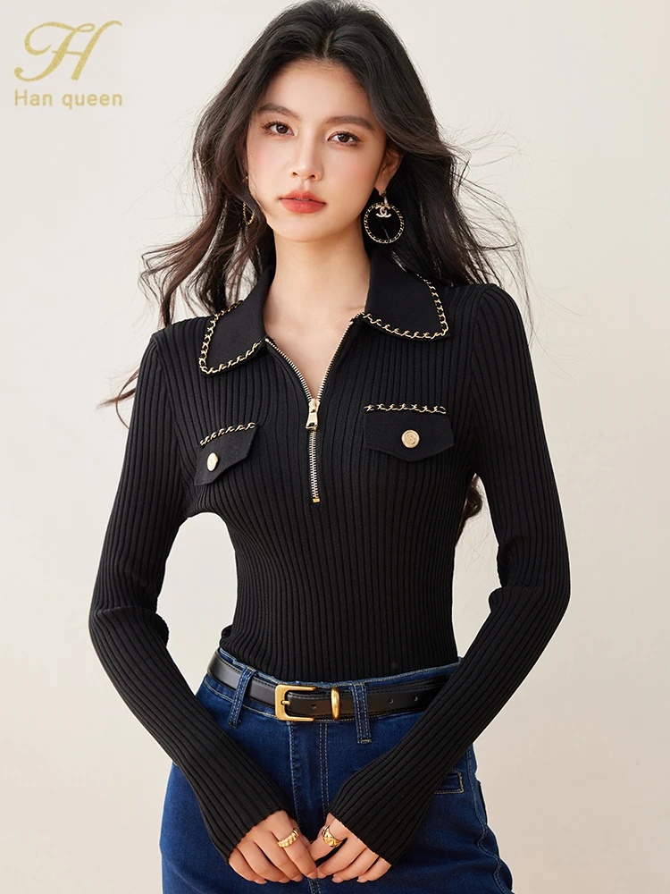 H Han Queen Spring Zipper Tops Sweater Long Sleeve Black Vintage Casual knitted Pullover Sweaters Korean Style Women\'s Clothing