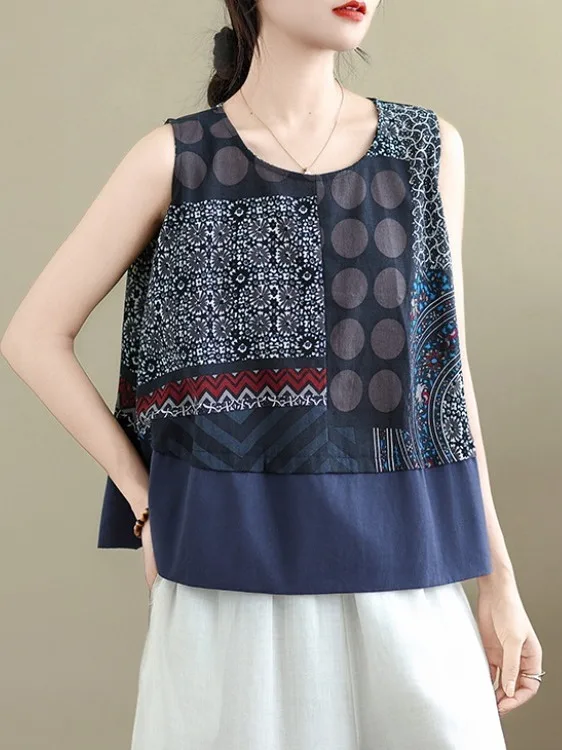Loose Casual Geometric Polka Dot Print Patchwork A-Line Svel Small Vest Large Size Women's Clothing Summer Cotton Linen