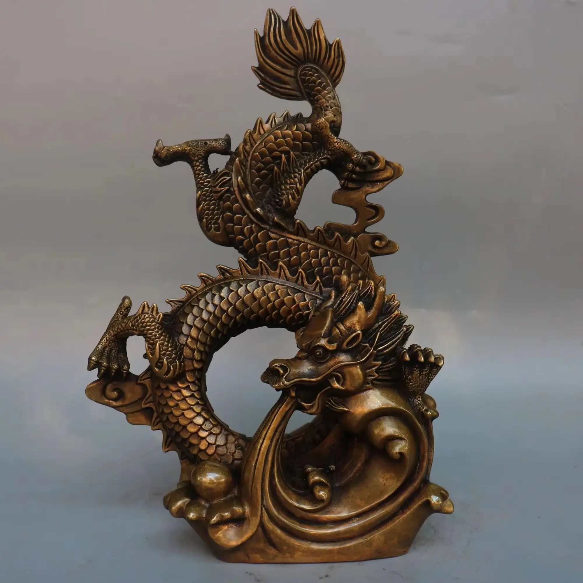 Nepalese folk Brass Cinnabar Chinese Dragon God Beast  Statue Ride the clouds Amass wealth Town house Exorcism