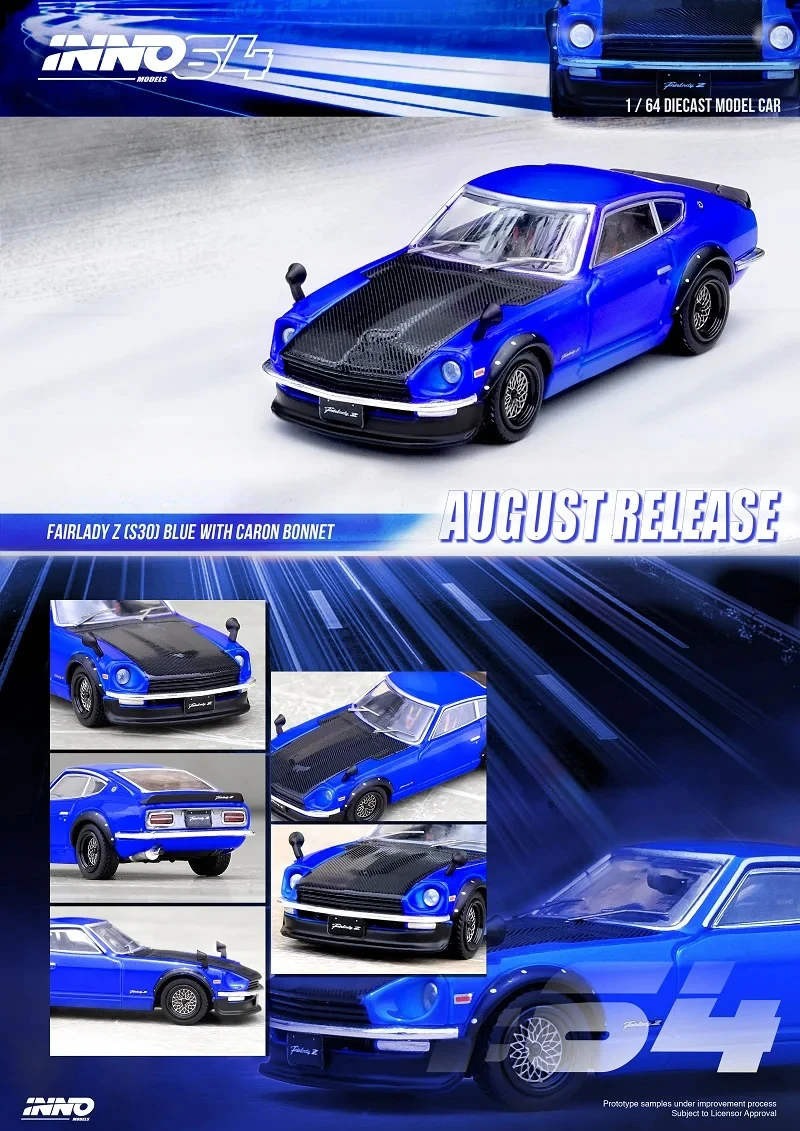 

Модель автомобиля INNO64 1:64 FAIRLADY Z S30 синяя с карбоновой капотом