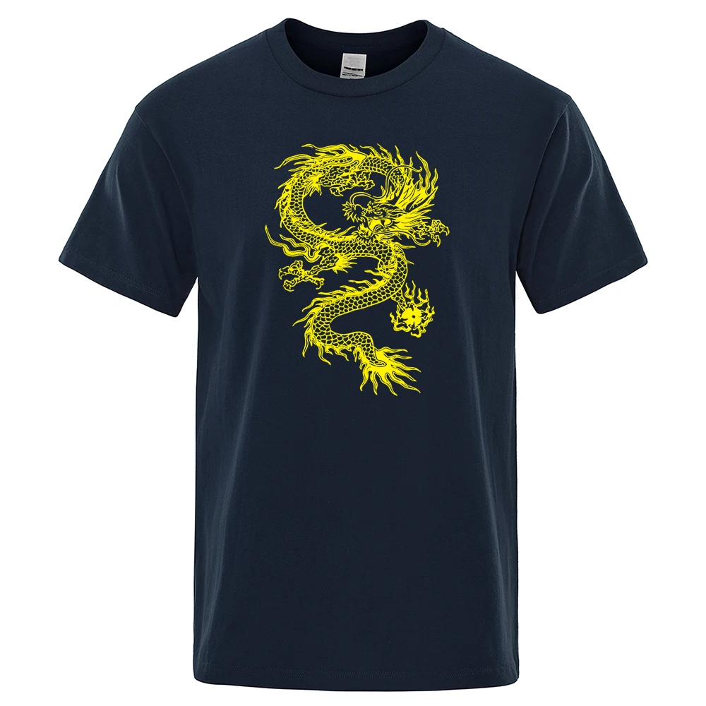 Chinese Style Yellow Dragon Printing Mens T-Shirt Cotton Loose T-Shirt Cotton Brand Oversized Streetwear Breathable Sweat Tshirt