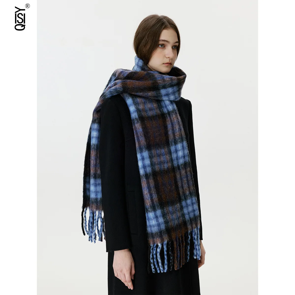 

High-quality Blue and Brown Checkered Warm Winter Scarves and Scarves for Men and Women, Warm Shawls for Autumn and Winter