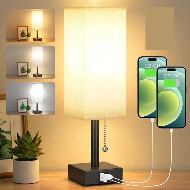

Square Linen Table Lamp, Pull Chain Switch, Three-color Temperature Change Light A+C, USB Charging Desktop Decorative Lamp