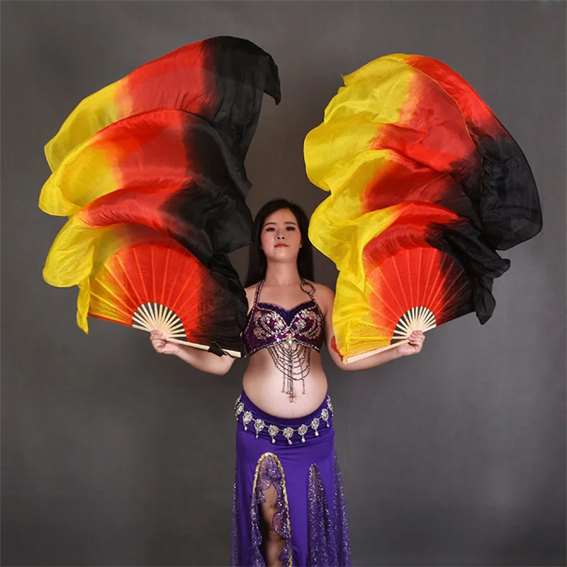 Fatto a mano in seta colorata bambù fiamma danza del ventre danza lunghi ventagli pieghevoli veli arcobaleno sfumato 120 cm 150 cm 180 cm professionale