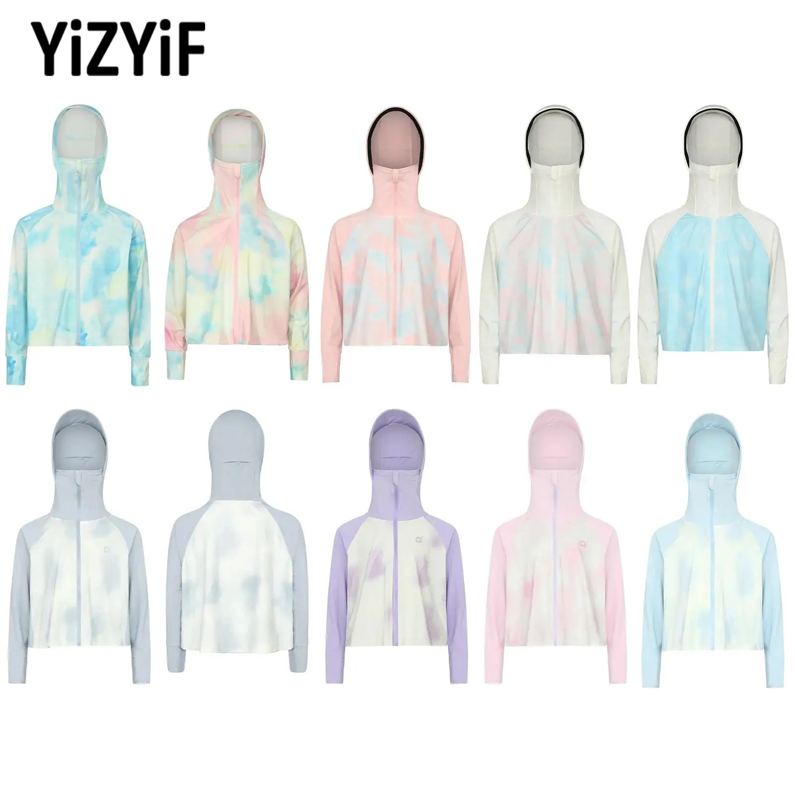 

New Long Sleeves Sun-Protective Jacket Kids Outdoor Vacation Travel Beach Outerwear Costumes Wide Brim Hooded Tie-Dye Jacket