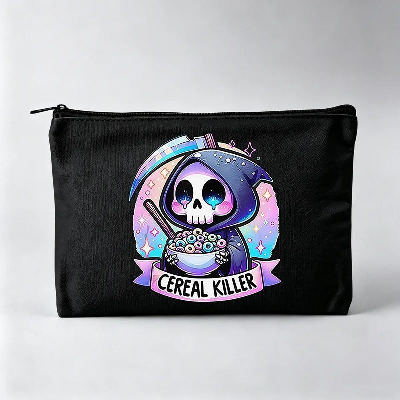 Women's Skull Graphic Makeup Bag with Slogan Print, Zipper Cosmetic Pouch for Daily Use